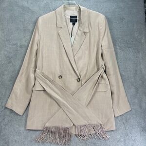 River Island Blazer Women 4 Beige RI Cleanse Double Breasted Fringe Belted Linen